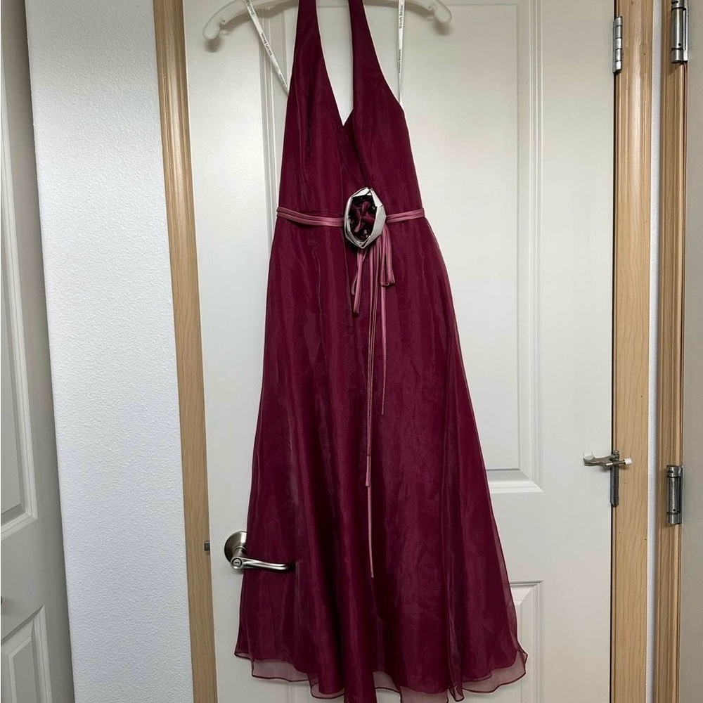 David's Bridal One-Shoulder Burgundy Halter Evening Dress